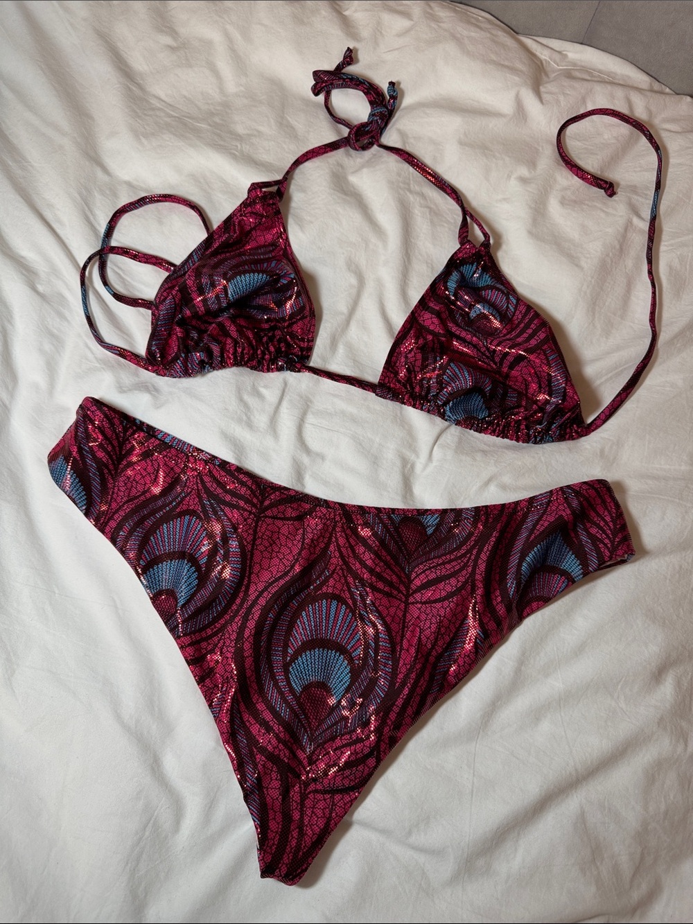 Peacock-Print Magenta Triangle Bikini Set - Unbranded